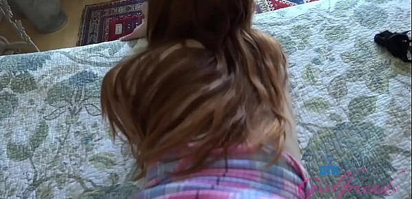 Super hot red head gives an amazing footjob then rides cock (Amateur POV) with Michelle Anthony
